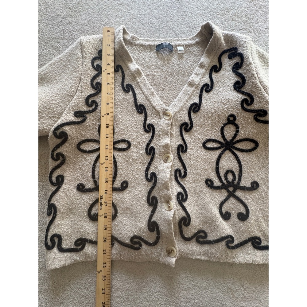 Tahari Oatmeal Beige Black Soutache Embroidered V-Neck Cardigan Sweater Large - Picture 3 of 7